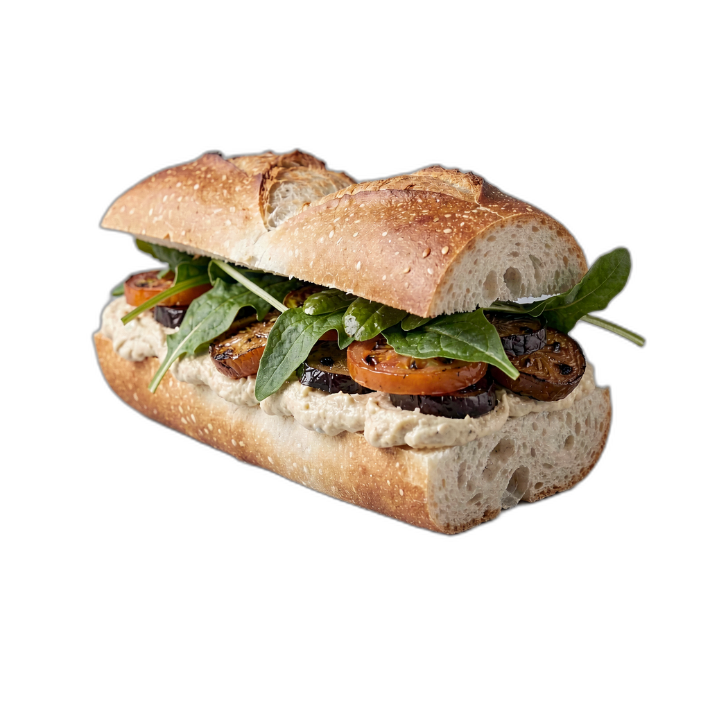 Baguette sandwich with hummus and vegetables